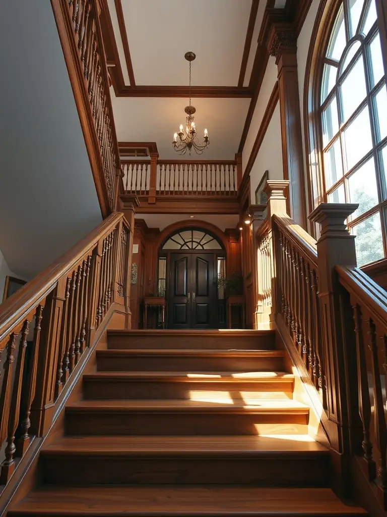 A beautifully finished wooden staircase with a glossy finish.